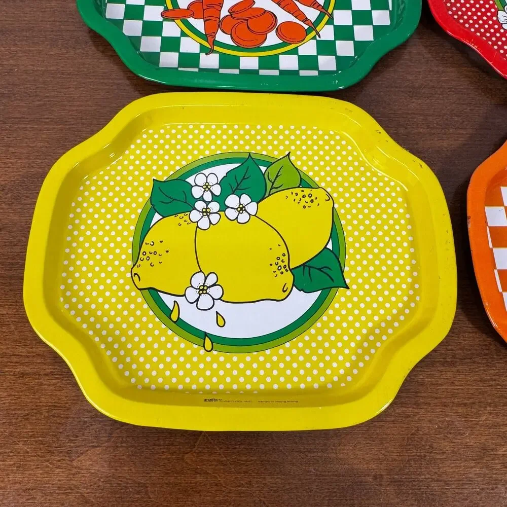 Vintage Giftco Small Rectangular Tin Trays Lot of 4 Fruits & Vegetables Retro